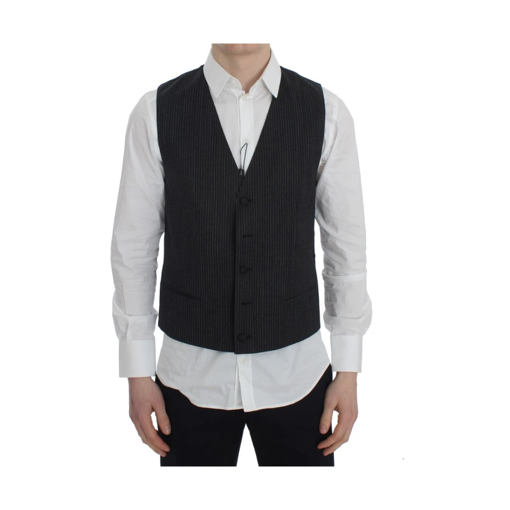 Dolce & Gabbana Elegante Grijze Gestreepte Wollen Vest Gray Heren