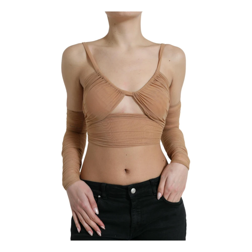 Dolce & Gabbana , Sleeveless Tops, Female, Brown, S, Brown Nylon Open Shoulder Cropped Top