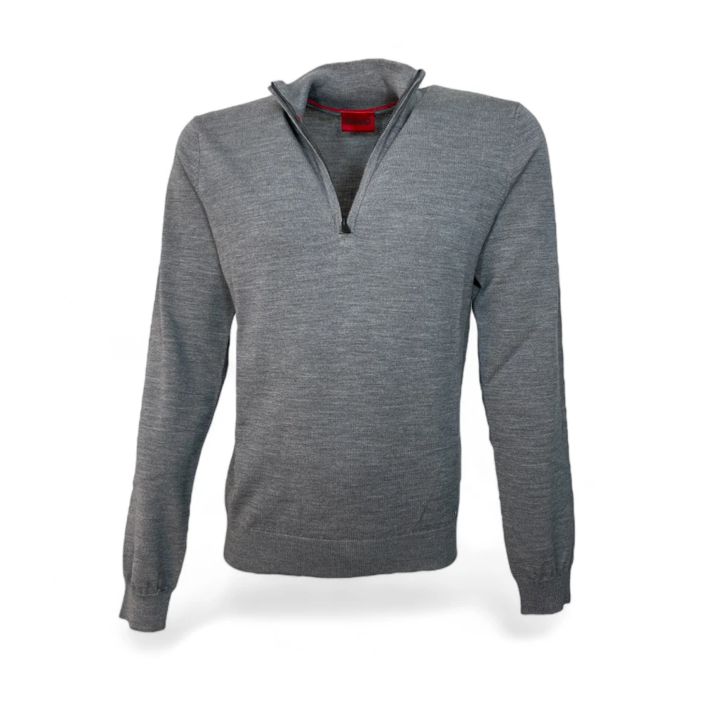 Hugo Boss Heren Fijngebreide Trui met Troyer Kraag Gray Heren