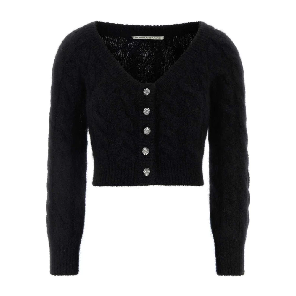 Alessandra Rich Women's Black Mohair Blend Sequin Cable Knit Off-Shoulder Top - Cardigans - 2XS - Knitwear