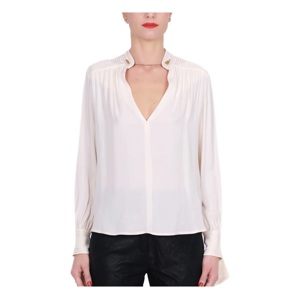Elisabetta Franchi Georgette Viscose Shirt met Manchetknopen Beige Dames