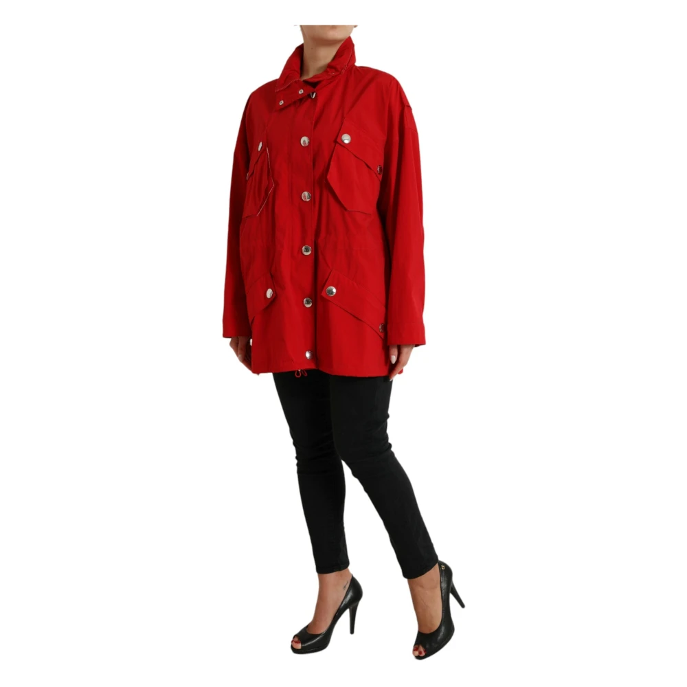 Dolce & Gabbana Rode Polyester Hooded Knoopregenjas Red Dames