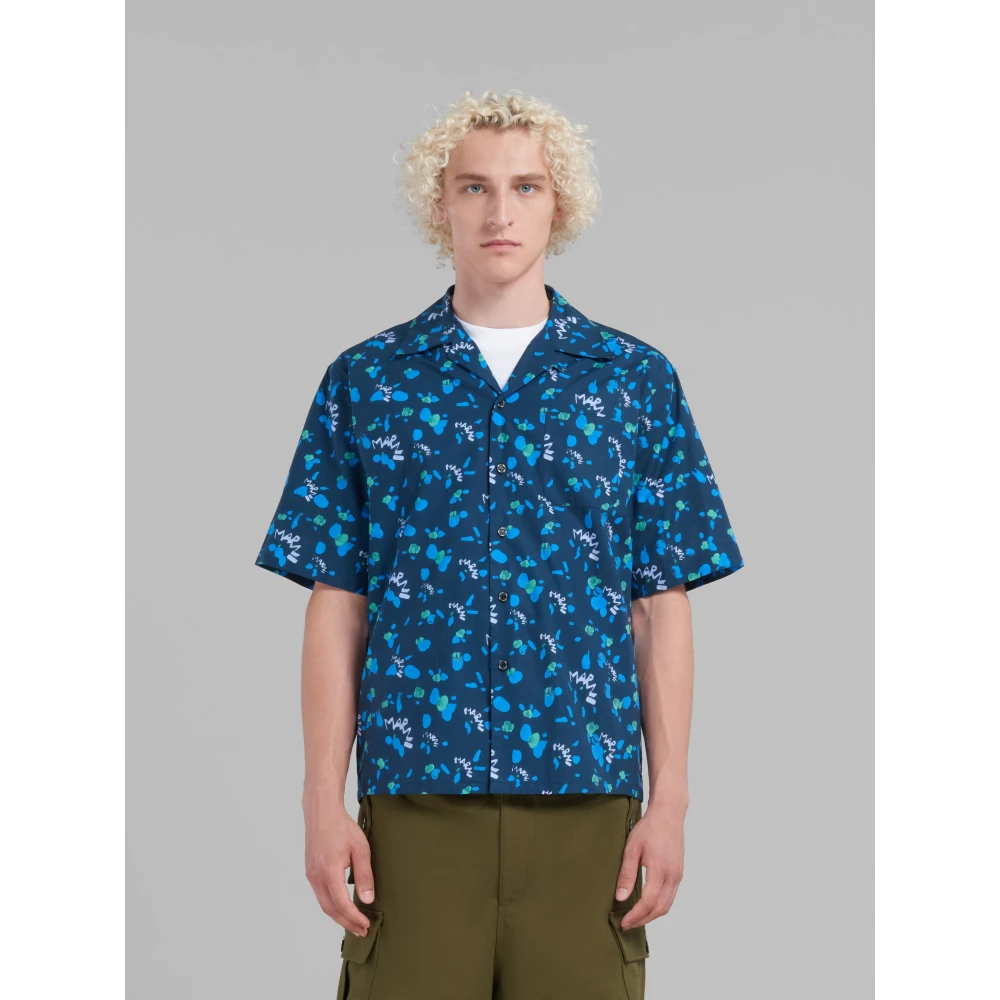 Marni Poplin bowling shirt met druipend print Blue Heren