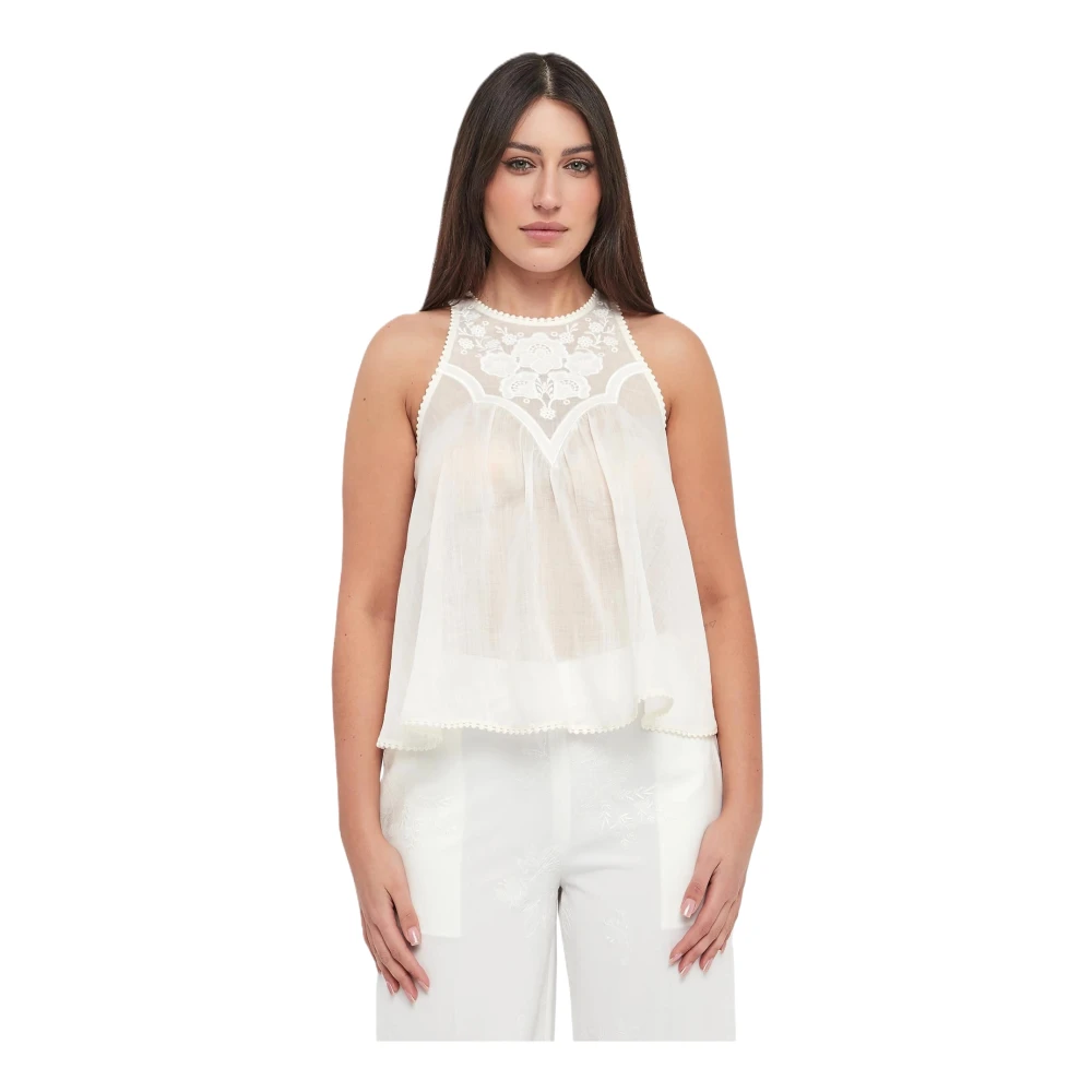 Twinset Women's White Embroidered Short Top - Sleeveless Tops - Xs - Tops