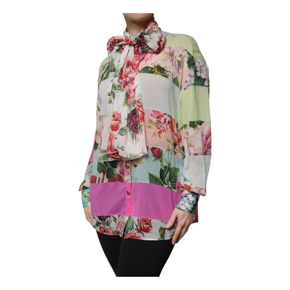 Dolce & Gabbana Bloemen Patchwork Ascot Kraag Zijden Top Multicolor Dames