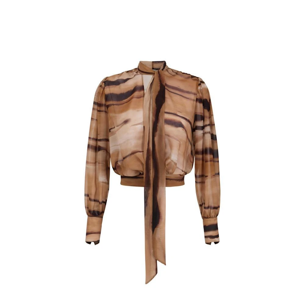 Elisabetta Franchi Brown Chiffon Blouse With Tiger Print - Female - Blouses - S - Blouses & Shirts