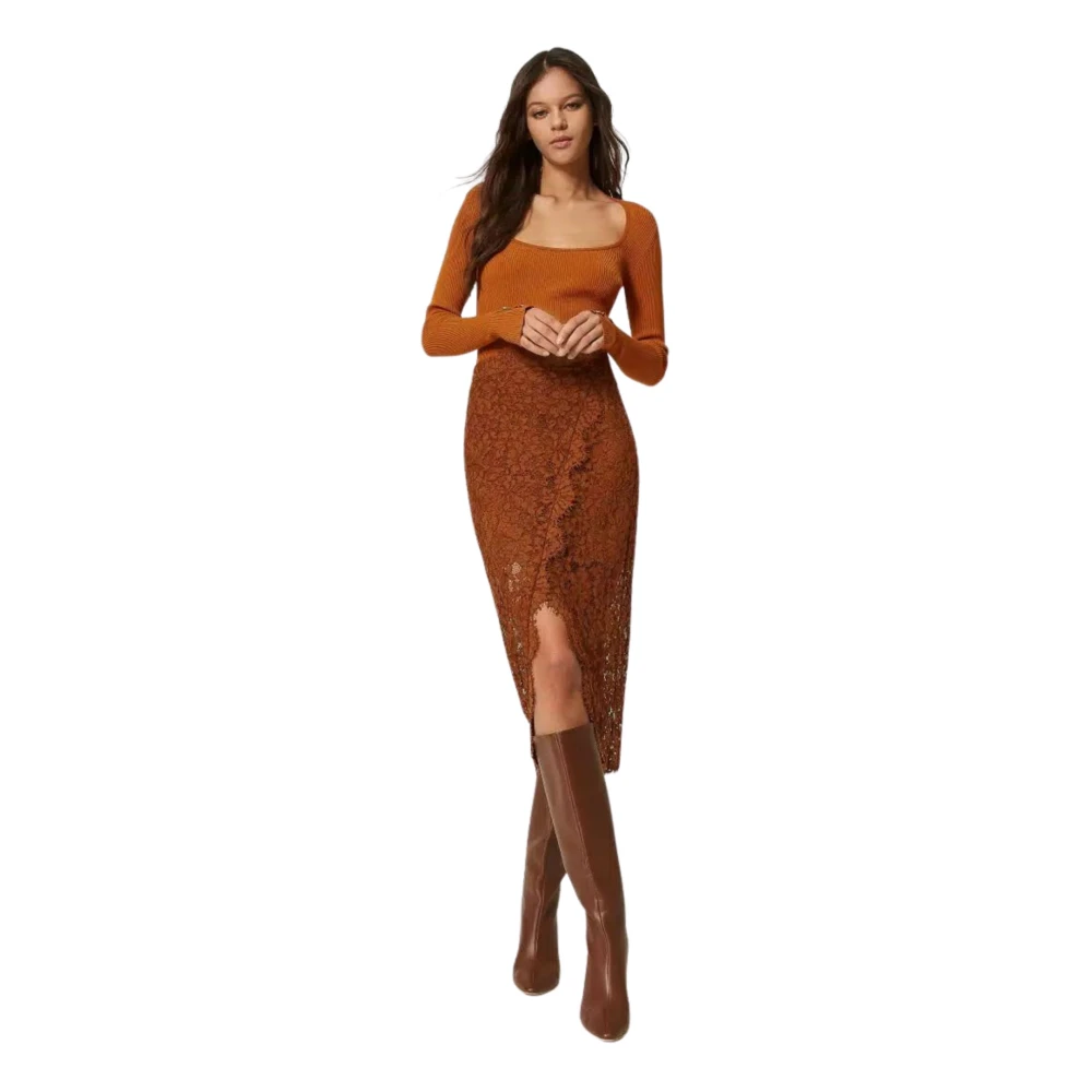 Twinset Bruine Kanten Midi Rok Brown Dames