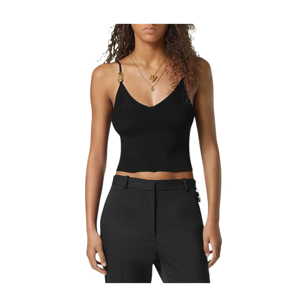 Versace Zwarte Geribbelde Gebreide V-hals Top Black Dames