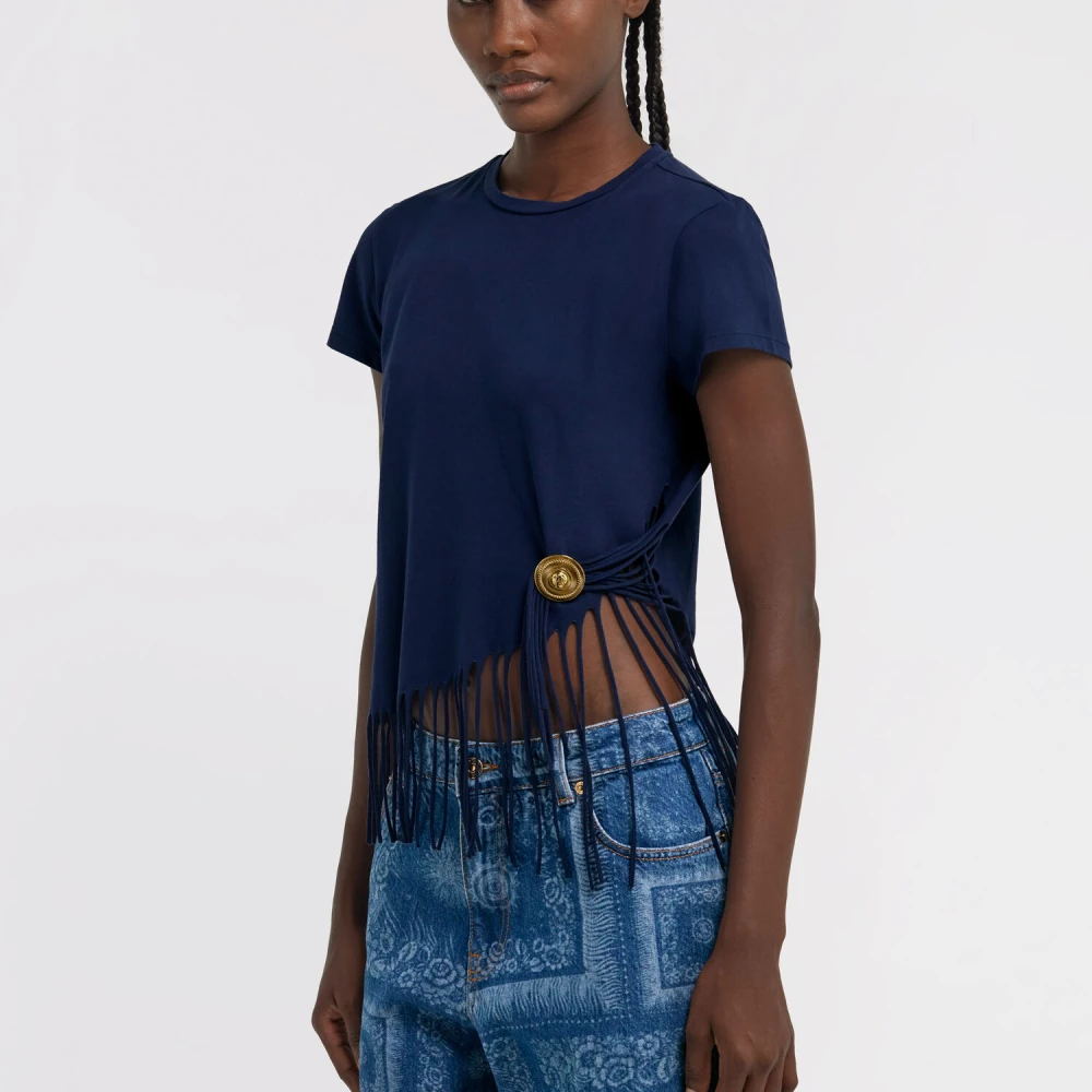 Roberto Cavalli Fringed Crew-neck T-shirt met Medaillon Blue Dames