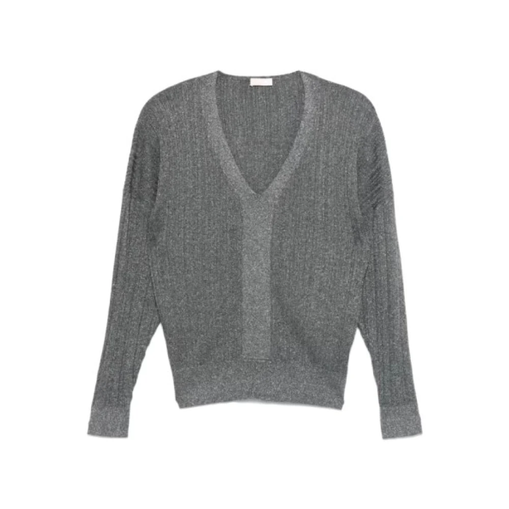 Liu Jo Geribbelde V-hals trui met Lurex detail Gray Dames