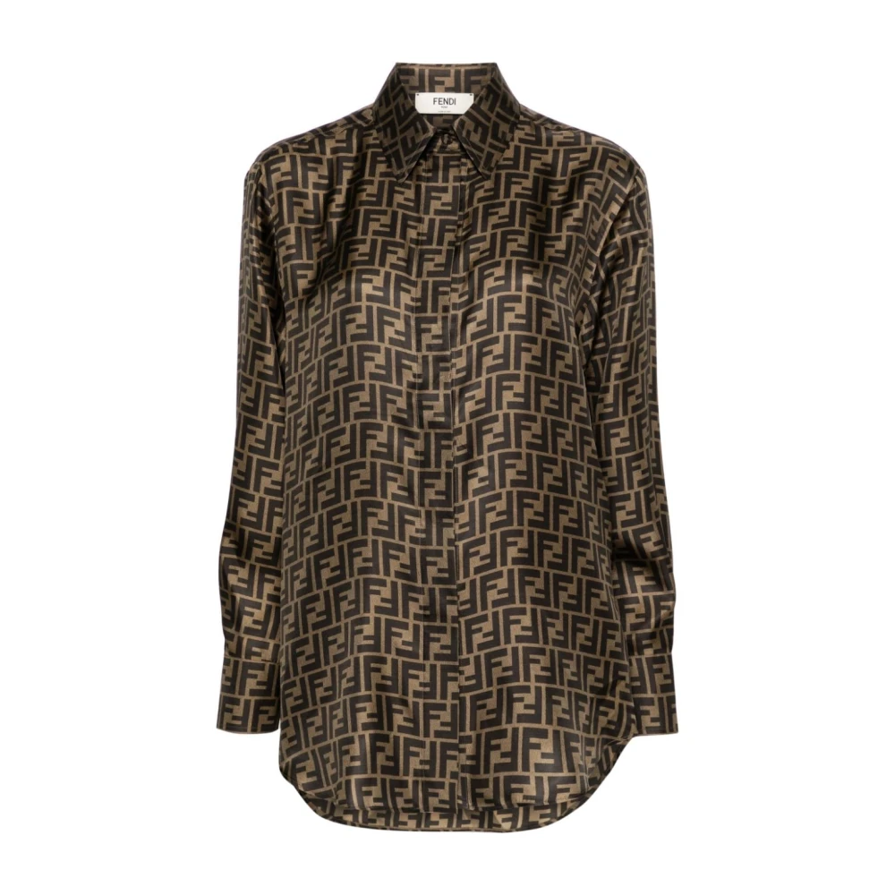 Fendi Women's Brown Shirts, M, Ff Silk Shirt
