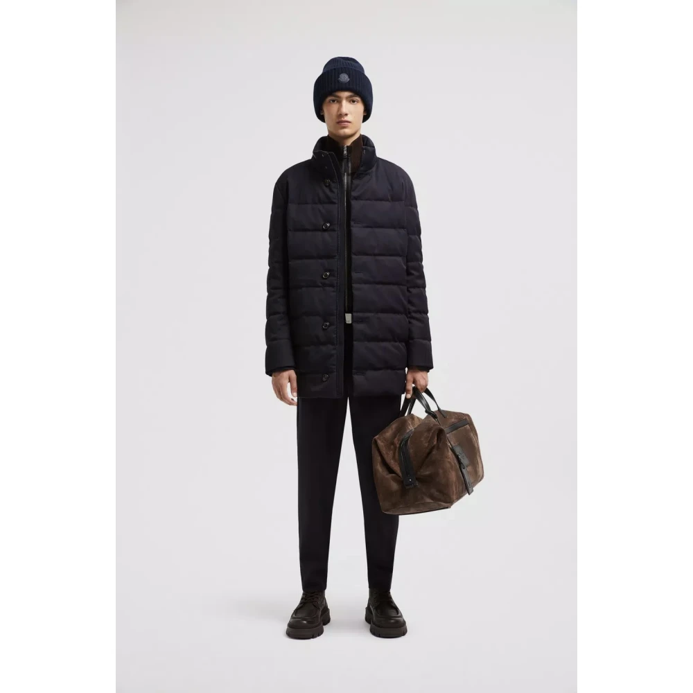 Moncler Nachtblauwe Wol Lange Donsjas Blue Heren