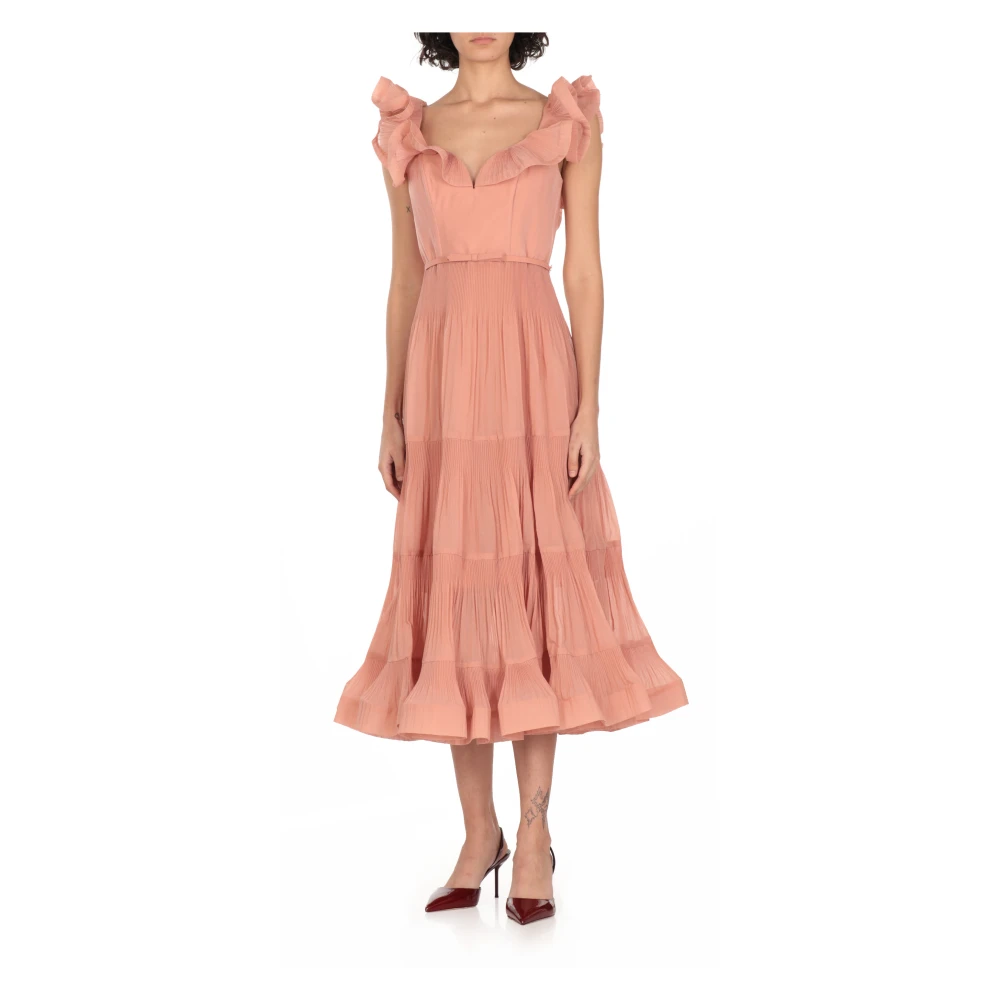 Zimmermann Roze Geplooide V-hals Jurk met Volants Pink Dames