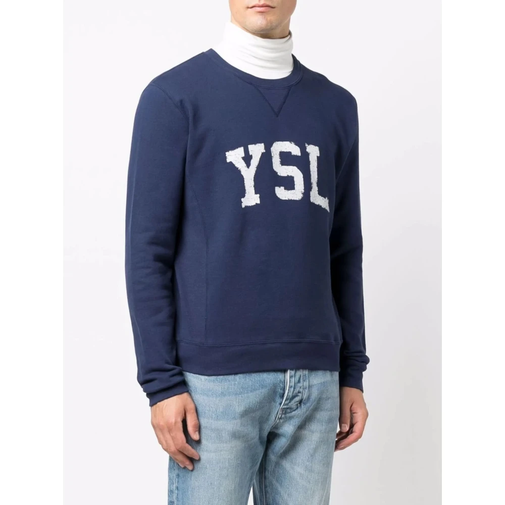 Saint Laurent Blauwe Slim Fit Sweatshirt met bedrukt logo Blue Heren