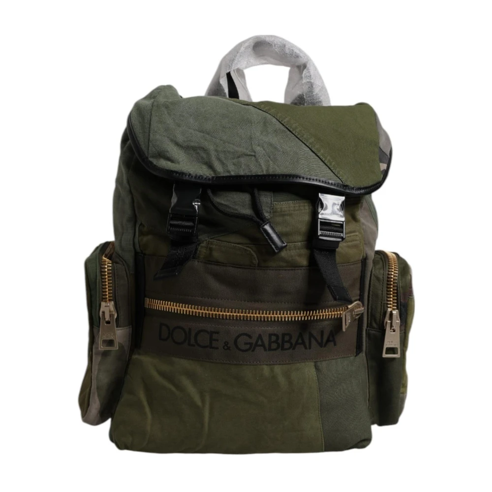 Dolce & Gabbana Men's Green Camouflage Patchwork Multipocket Backpack