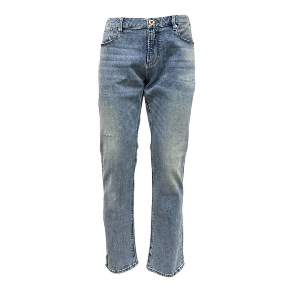 Emporio Armani Denim Slim Fit Jeans met Leren Logo Blue Heren