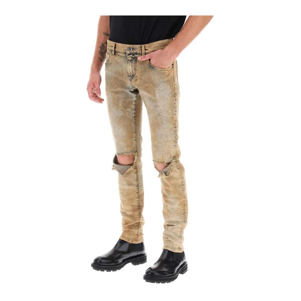 Dolce & Gabbana Overdyed Denim Skinny Jeans met Kniereparaties Beige Heren