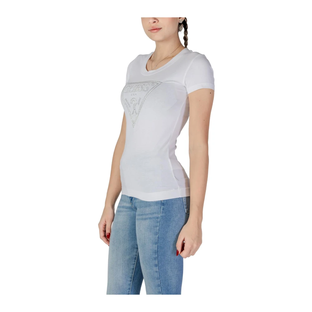 Guess Wit Rhinestone Logo V-Hals T-Shirt White Dames