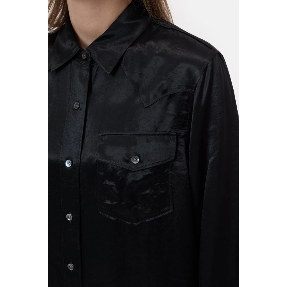 closed Westerse Satijnen Blouse met Borstzakken Black Dames