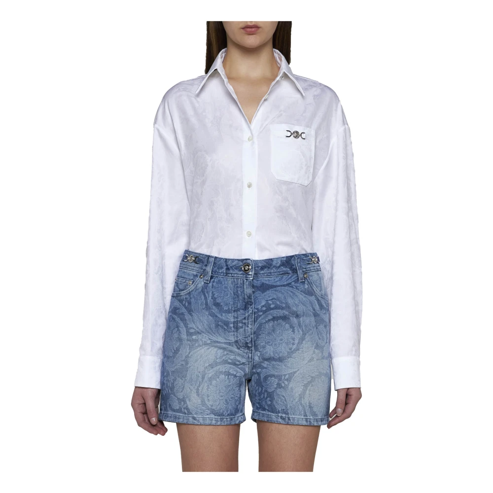 Versace Abstract Patroon Denim Shorts Blue Dames