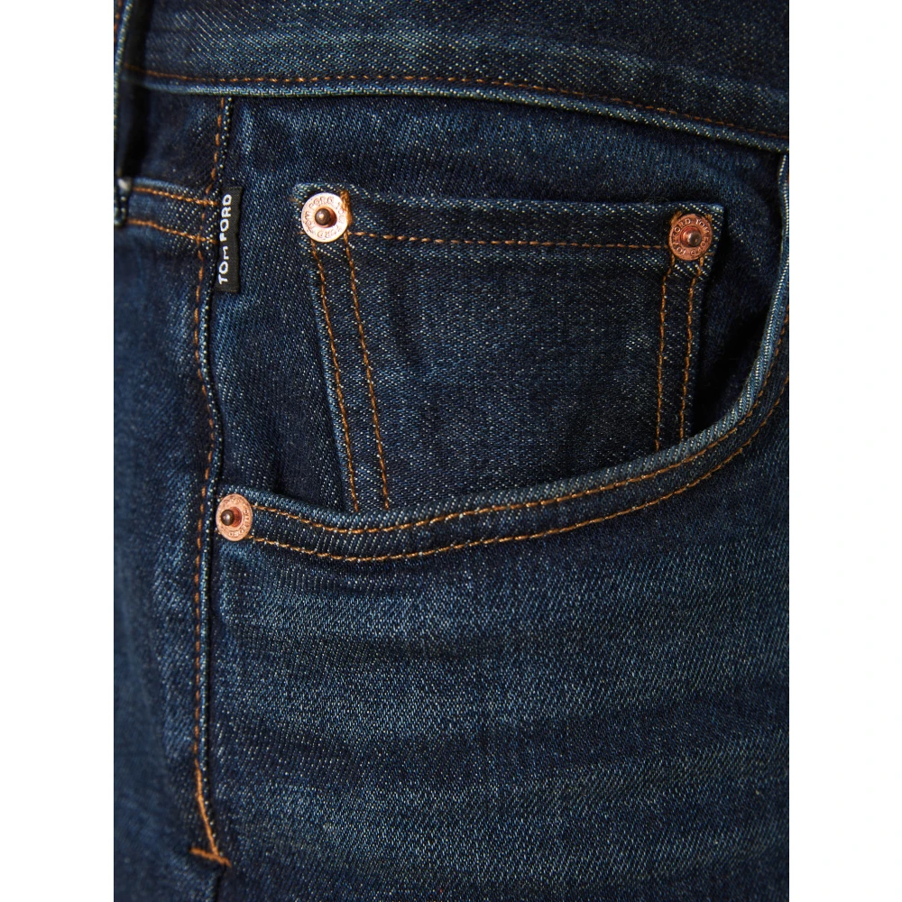 Tom Ford Katoenmix Jeans met Leren Logo Blue Heren