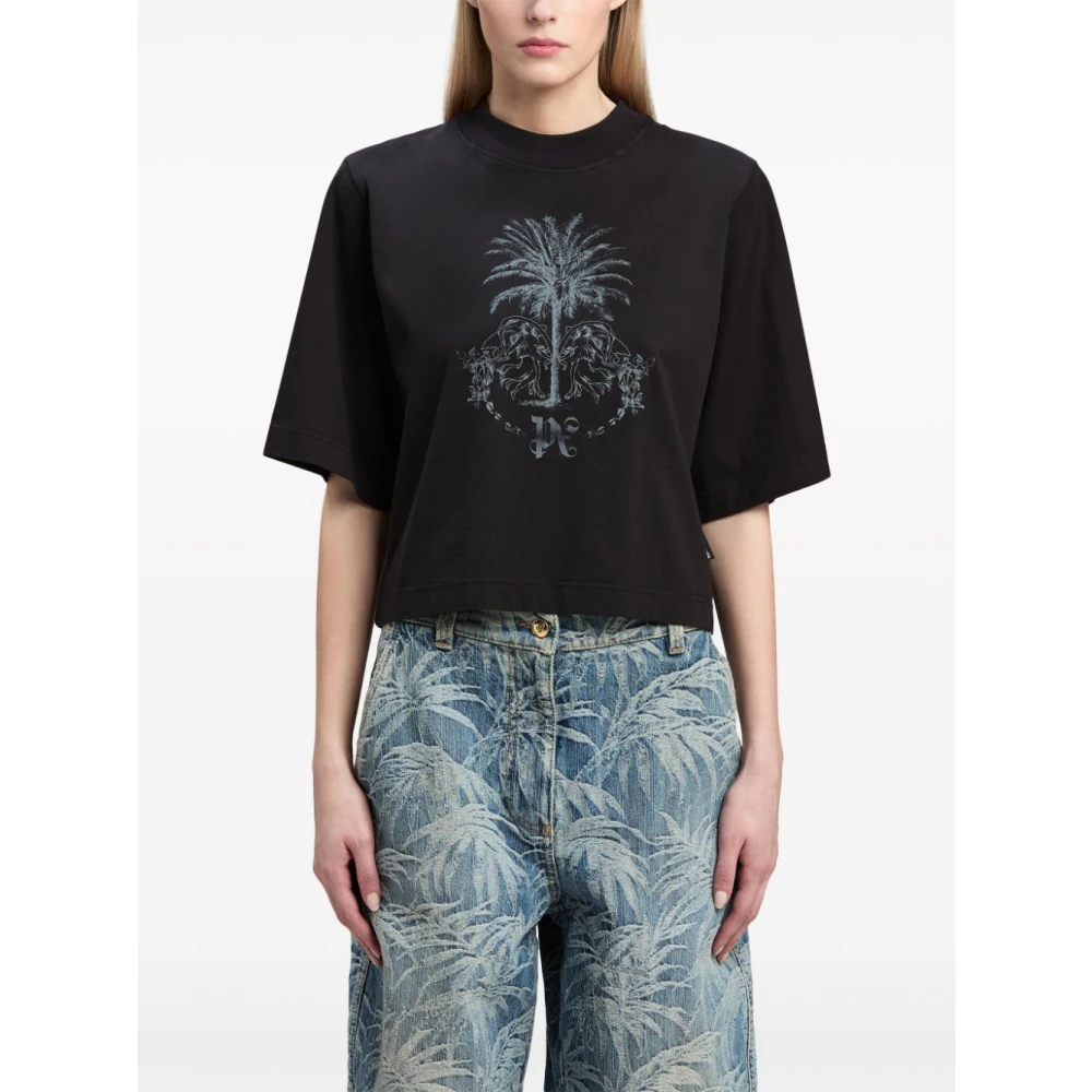 Palm Angels Zwarte Katoenen T-shirt met Contrasterende Print Black Dames
