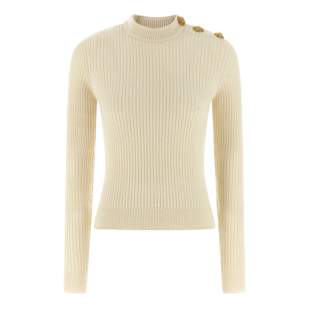 Balmain Women's White Ribbed Jumper - Round-Neck Knitwear - S - Knitwear