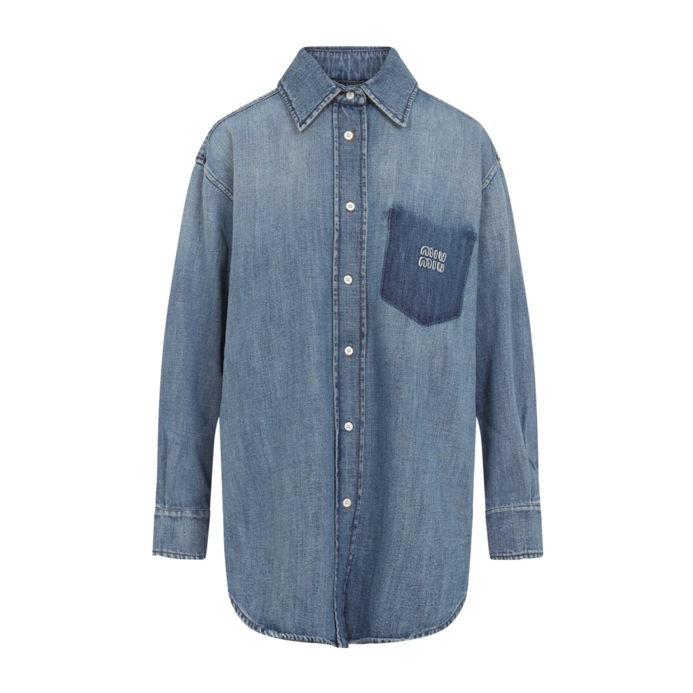 Miu Miu Women's Blue Shirts, Xs, Denim Shirt With Logo Patch