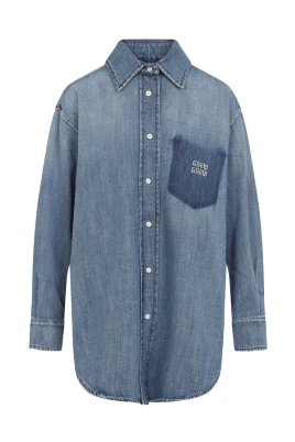 Blå Denim Skjorta med Logotyp Patch