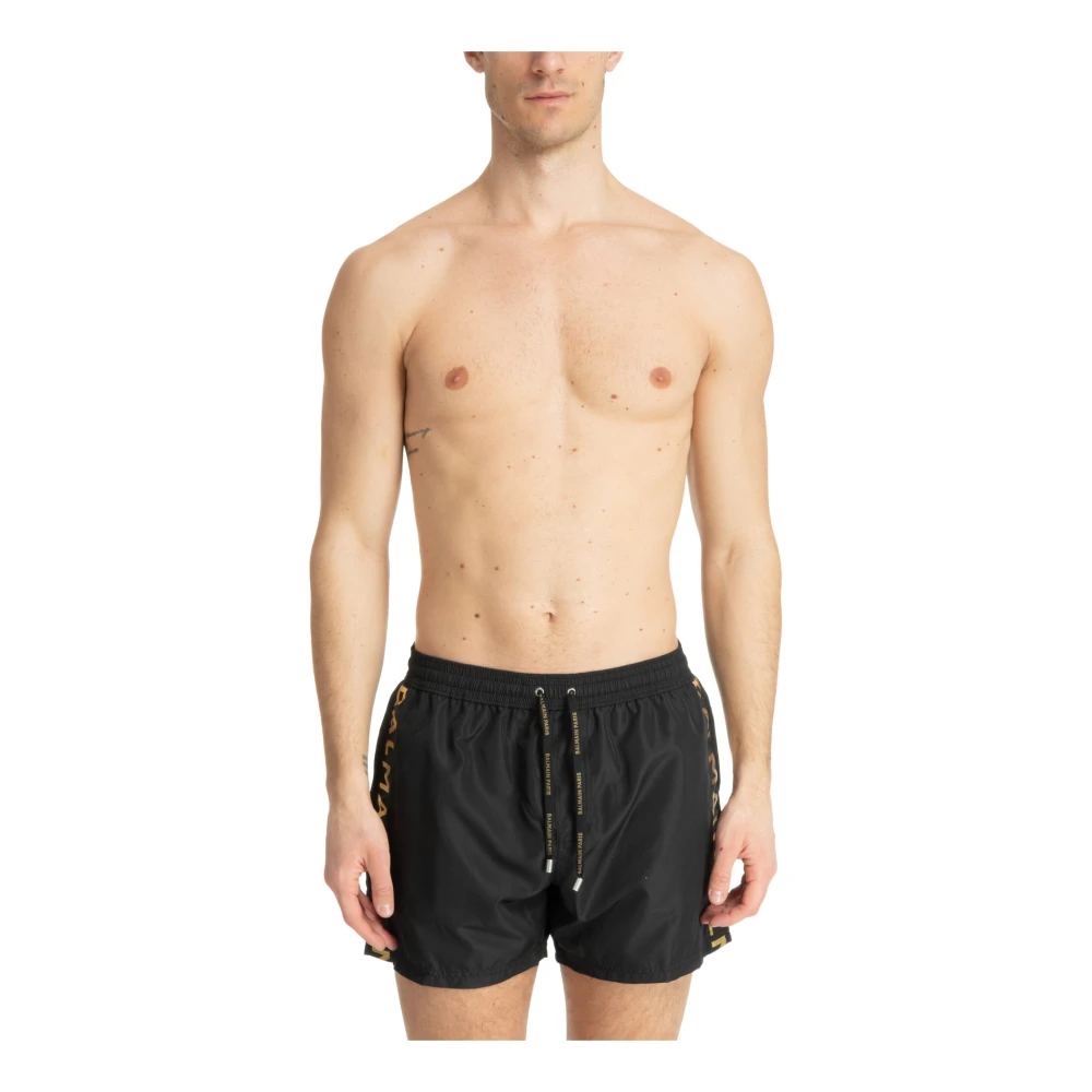 Balmain Trekkoord Zwemshorts Effen Logo Zakken Black Heren