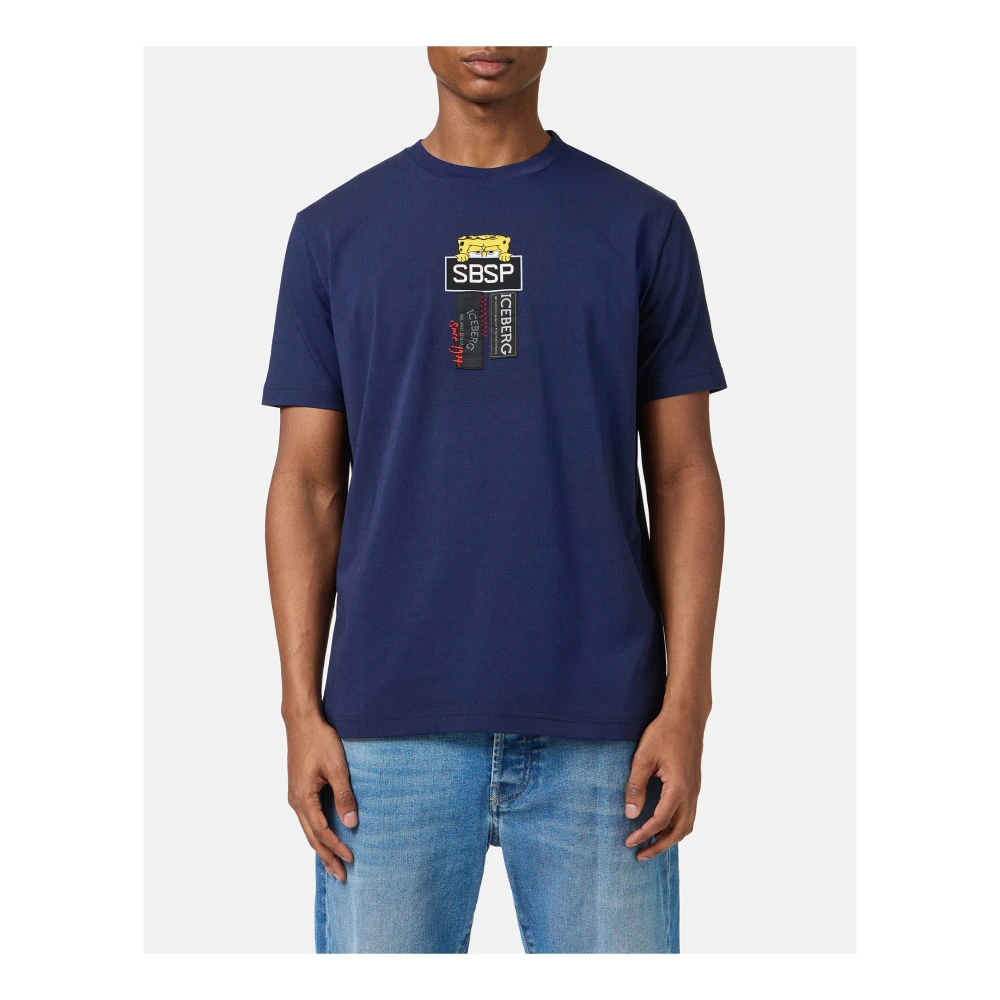 Iceberg Blauw stretch katoenen T-shirt met Spongebob print Blue Heren