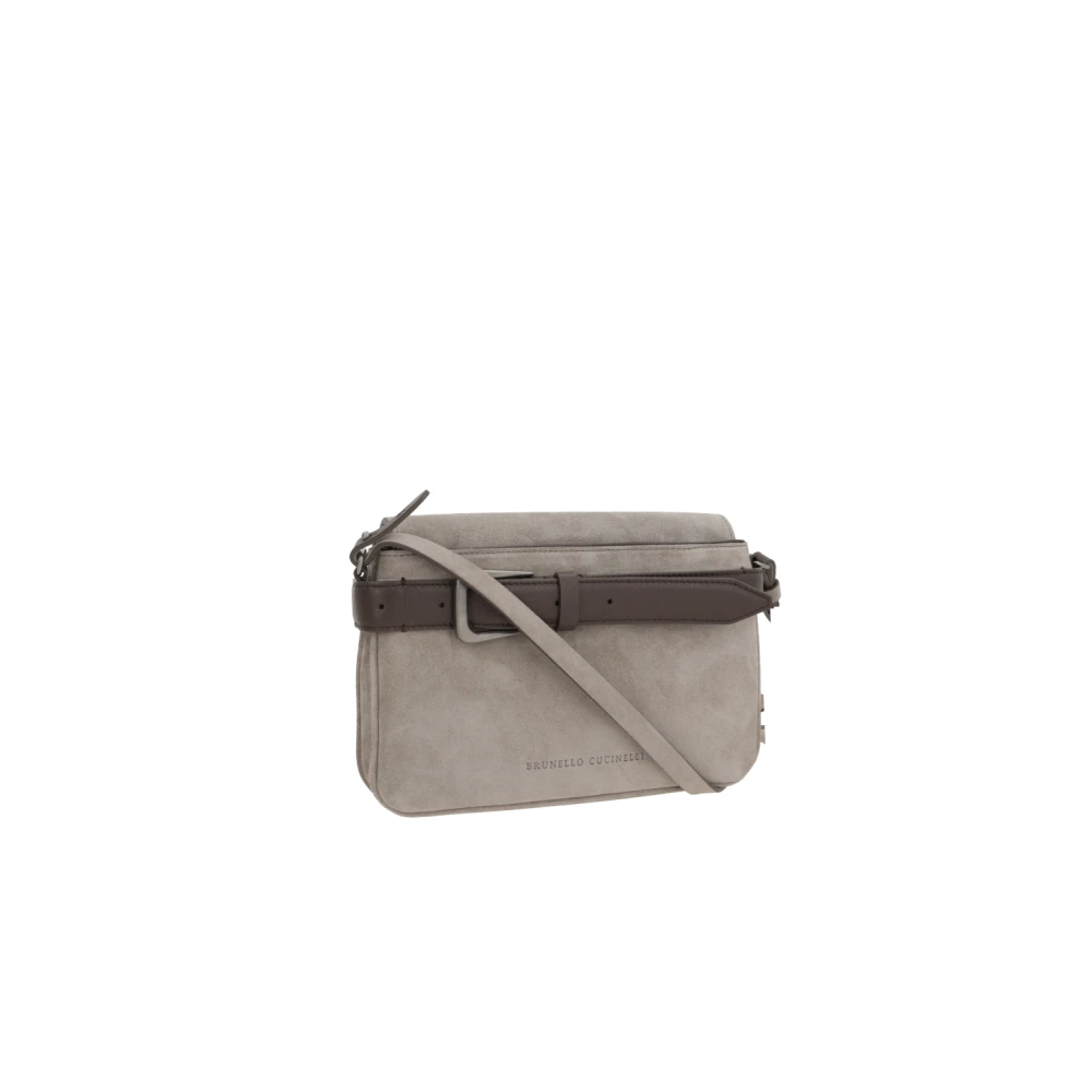 BRUNELLO CUCINELLI Witte suède schoudertas met bruin leren afwerking Gray Dames