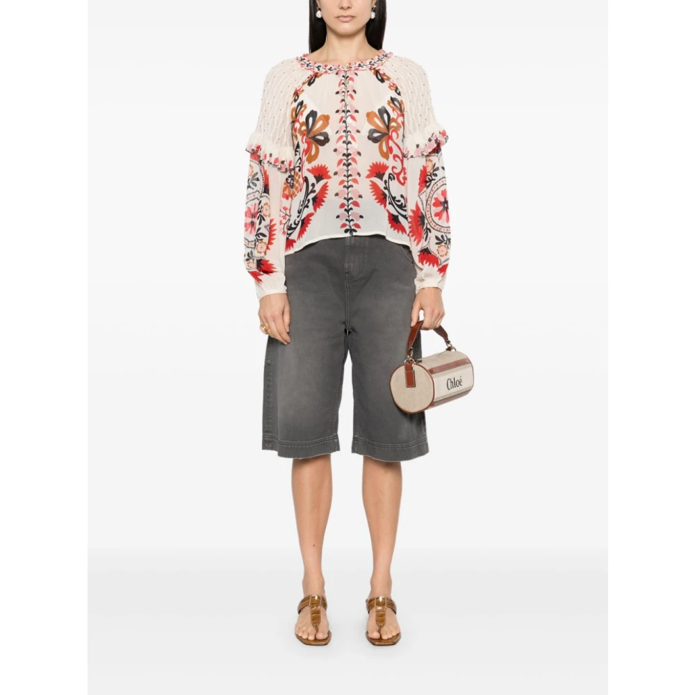 Farm Rio Gerimpeld Beige Shirt met Knoopdetail Multicolor Dames