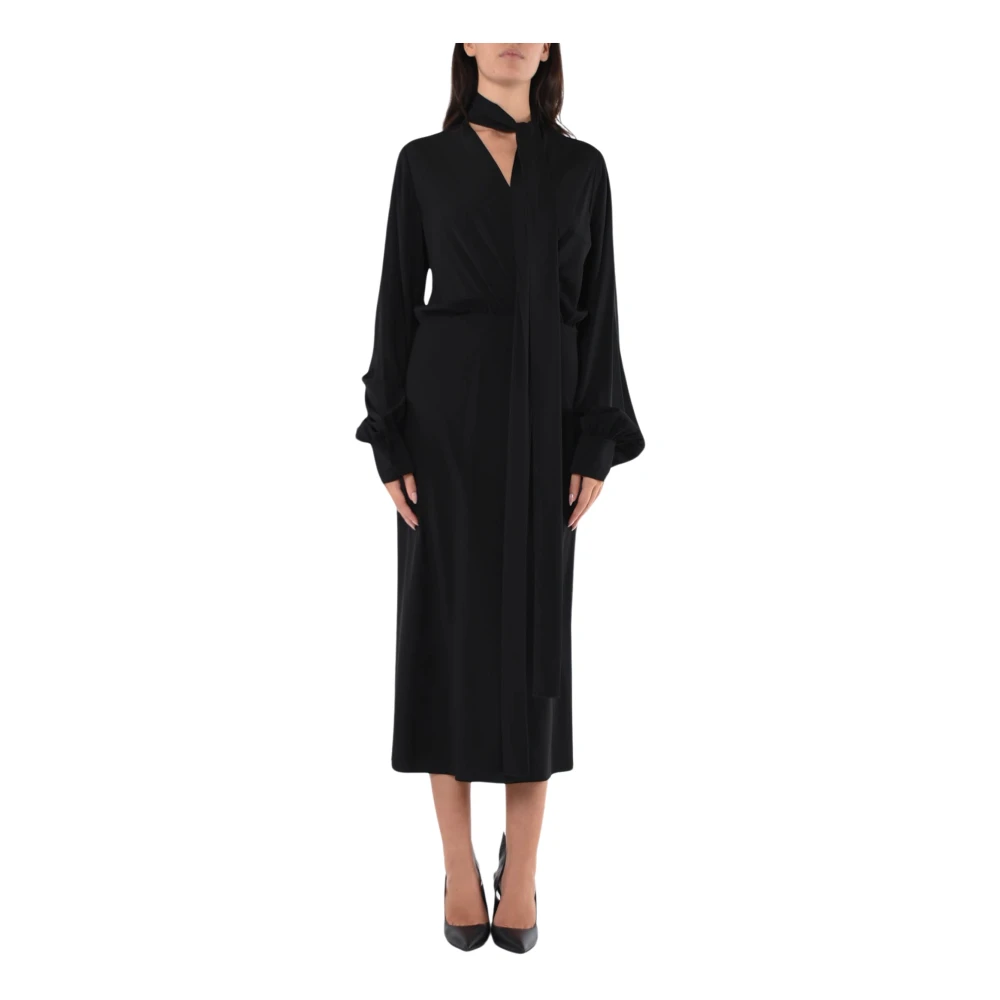 SPORTMAX Lange zijden jurk met V-hals en uitlopende rok Black Dames
