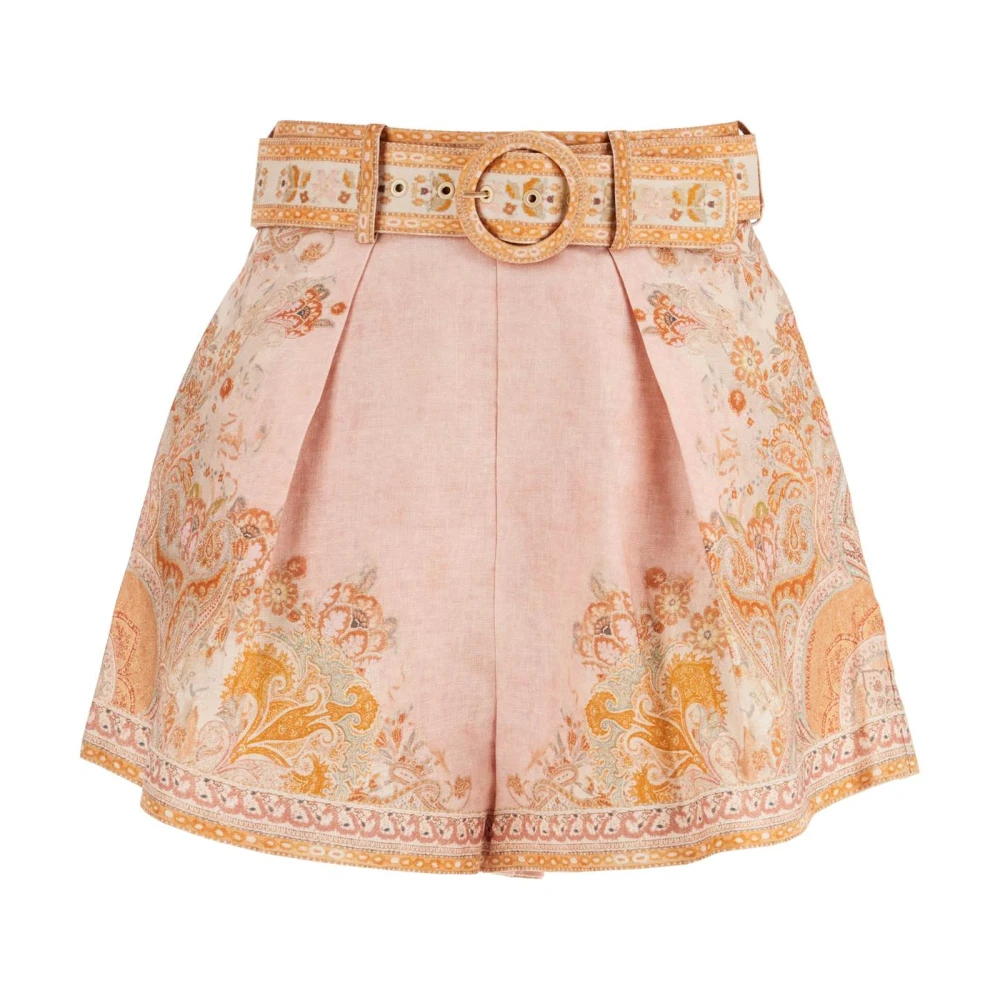 Zimmermann Bloemen Linnen Hoge Taille Shorts Beige Dames