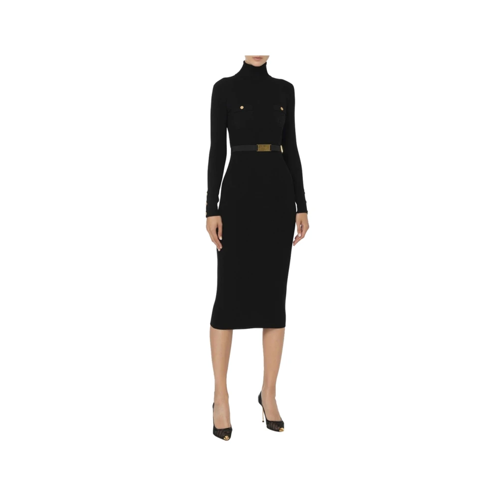 Elisabetta Franchi Zwarte Geribbelde Midi Jurk met Hoge Hals Black Dames