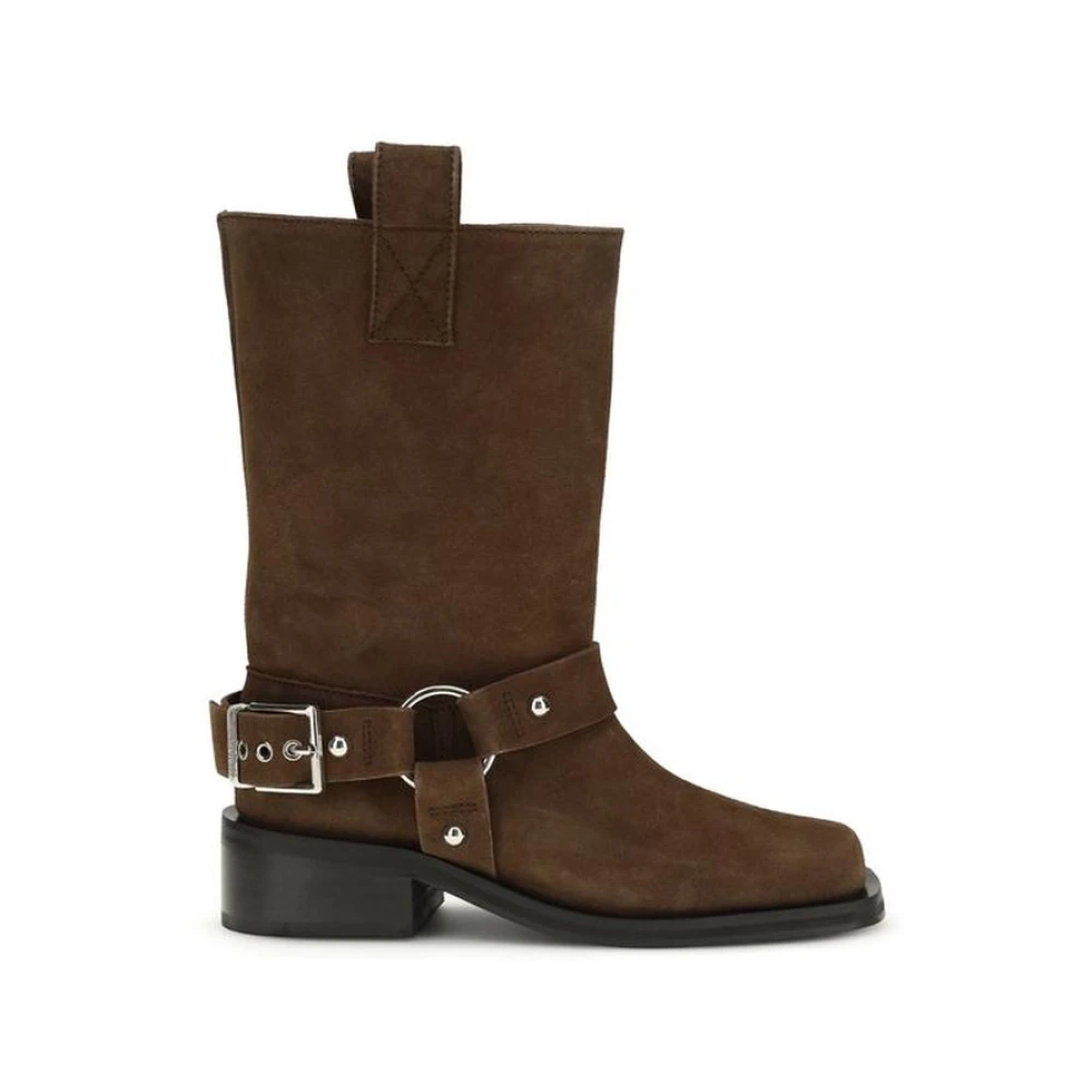 Ganni Women's Brown Cowboy & Biker Boots, 6 Uk, Bos Taurus Lace-Up Boots