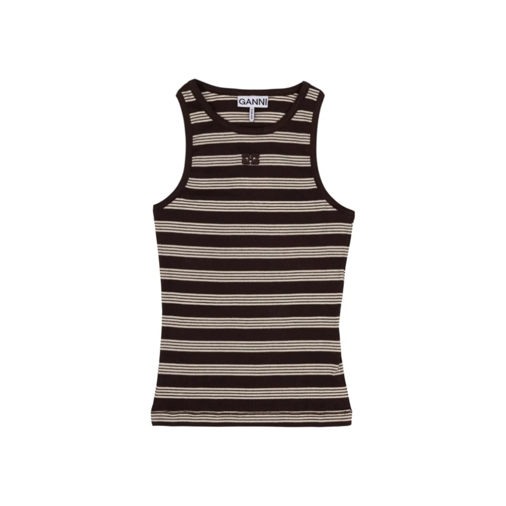 Ganni Women's Brown Striped Soft Cotton Rib Tank Top - Sleeveless Tops - M - Tops