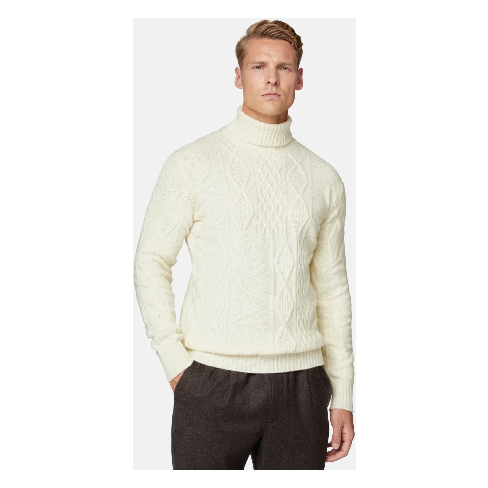 Boggi Milano Mixed Stitch Polo Neck Trui in Merinowol Beige Heren