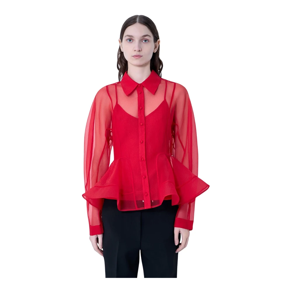 Ganni Women's Red Textu Organza Peplum Shirt - Shirts - M - Blouses & Shirts