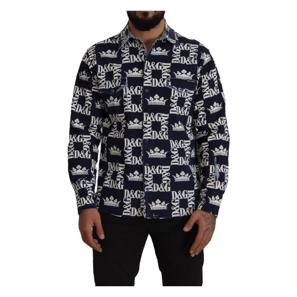 Dolce & Gabbana Men's Blue Dg Crown Logo Casual Shirt