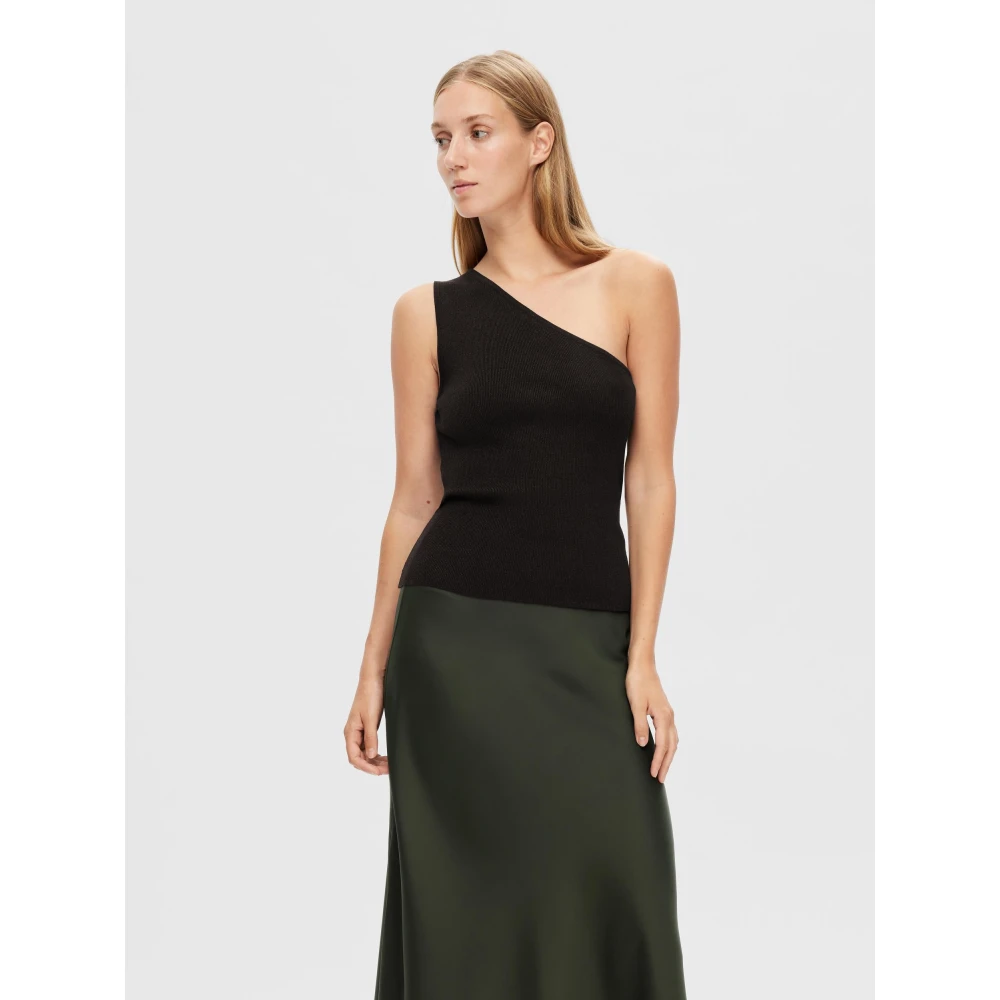Selected Femme Lura Lurex One Shoulder Gebreide Top Zwart Lurex Black Dames