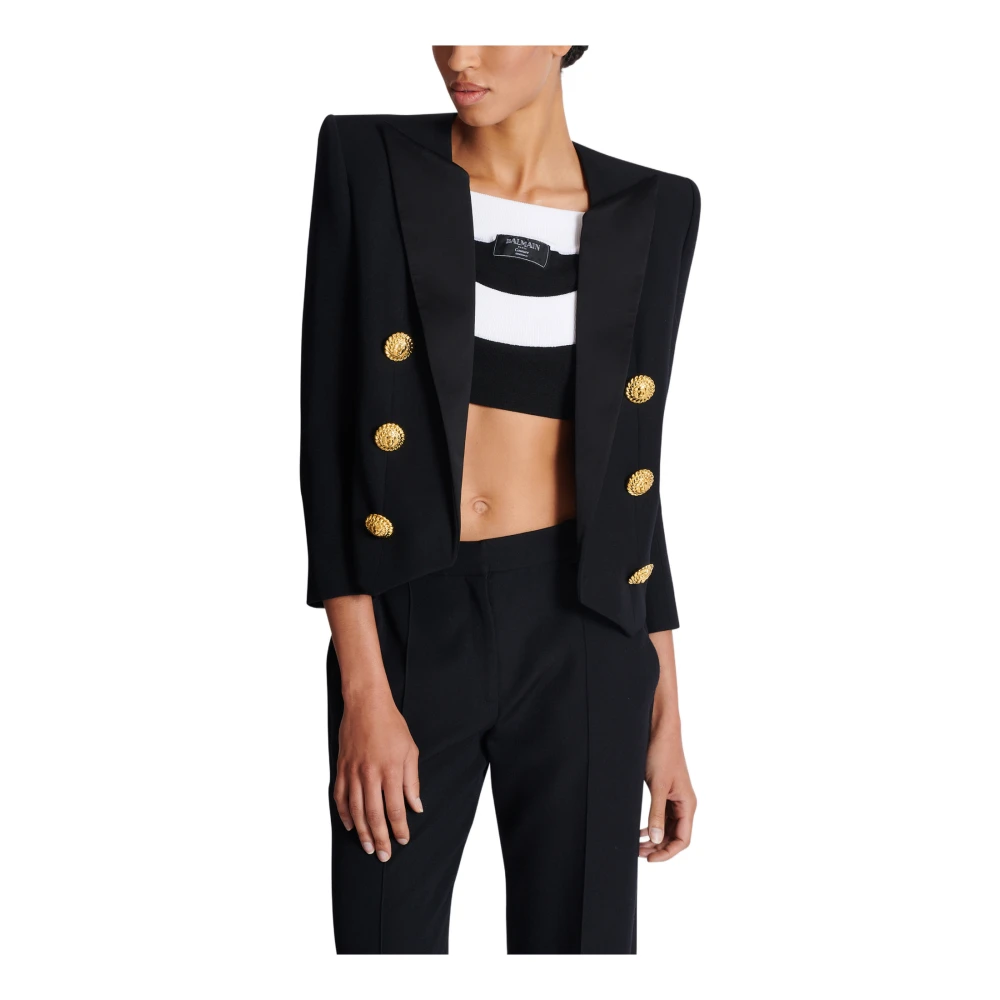 Balmain Geknipte grain de poudre rand-tot-rand jasje met 6 knopen Black Dames