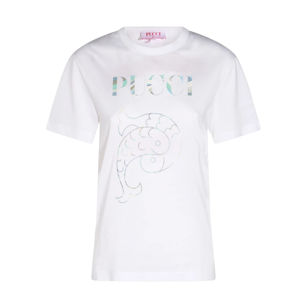 EMILIO PUCCI Wit Katoenen T-shirt met Logo Print White Dames