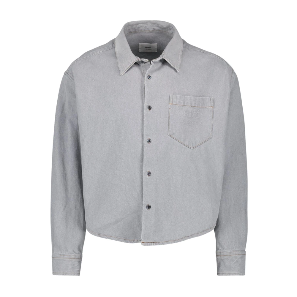 Ami Paris Denim Shirt Klassiek Casual Knoop Logo Gray Heren