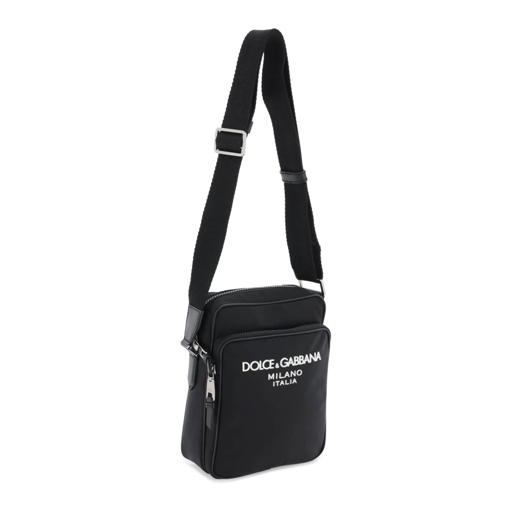 Dolce & Gabbana Rubberen Logo Nylon Schoudertas Black Heren