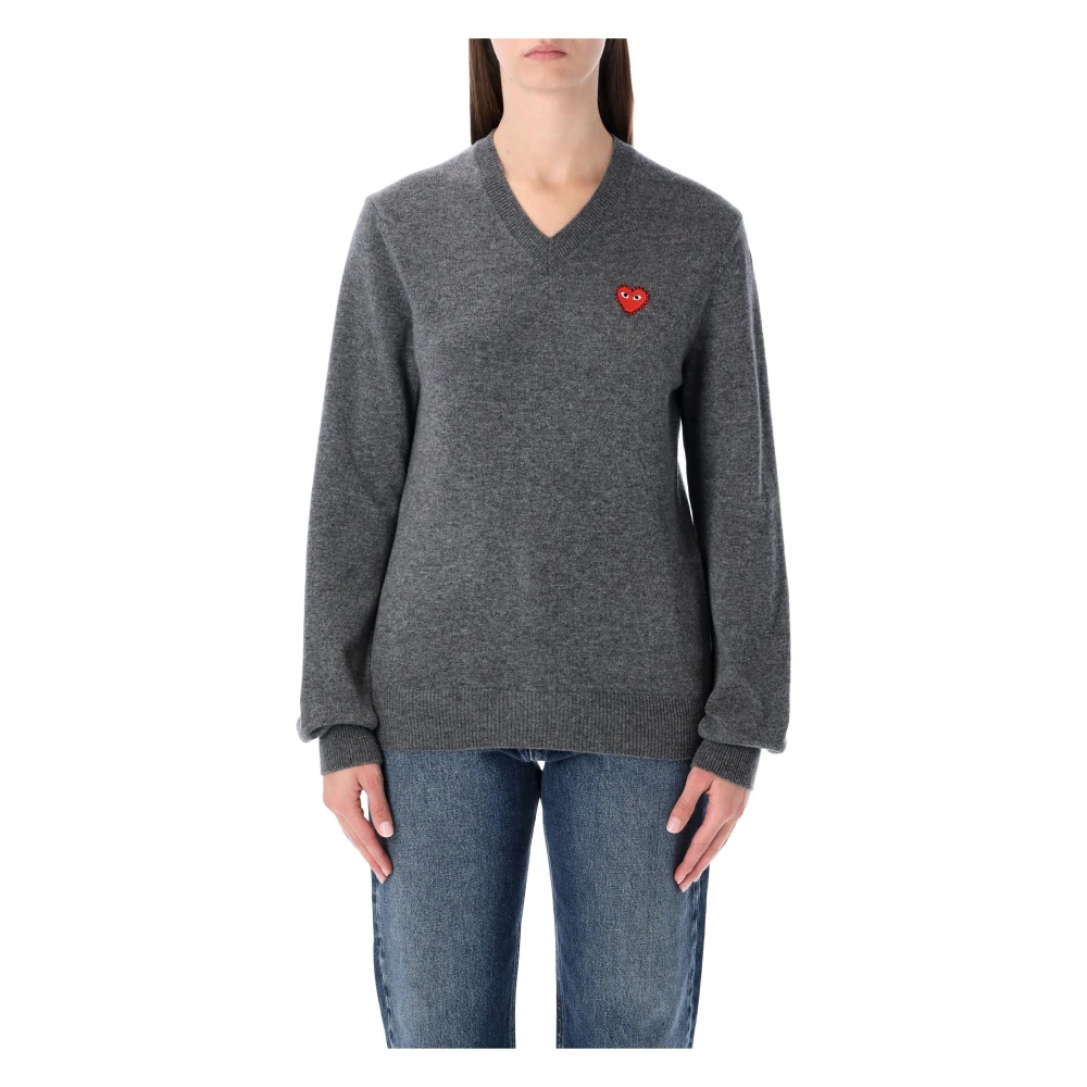 Comme Des Garçons Play Women's Gray V Neck Crystal Heart