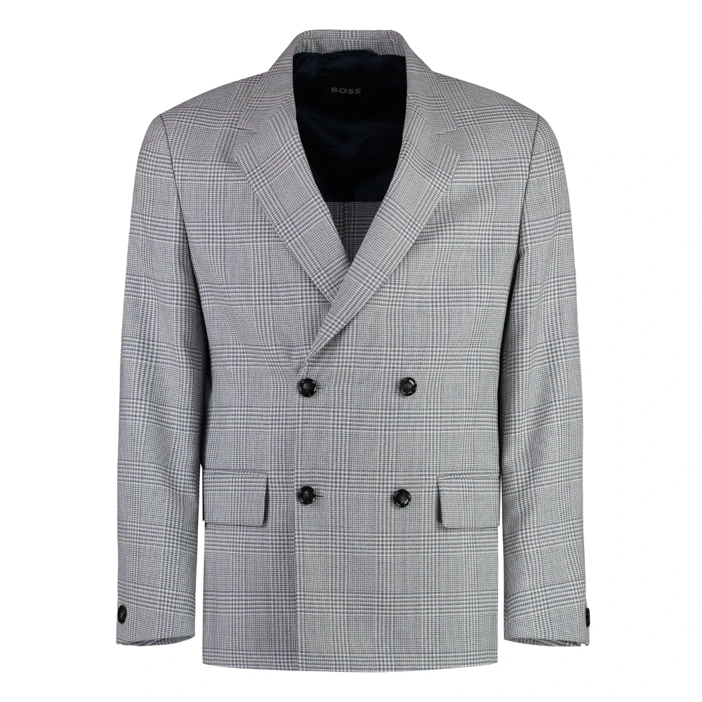 Hugo Boss Geruite Double-Breasted Wollen Jas Gray Heren