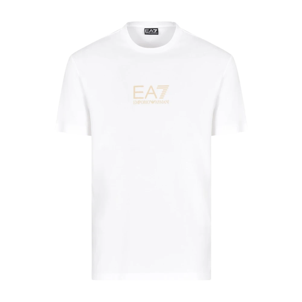 Emporio Armani EA7 Minimalistisch Wit T-shirt met Goud Logo White Heren
