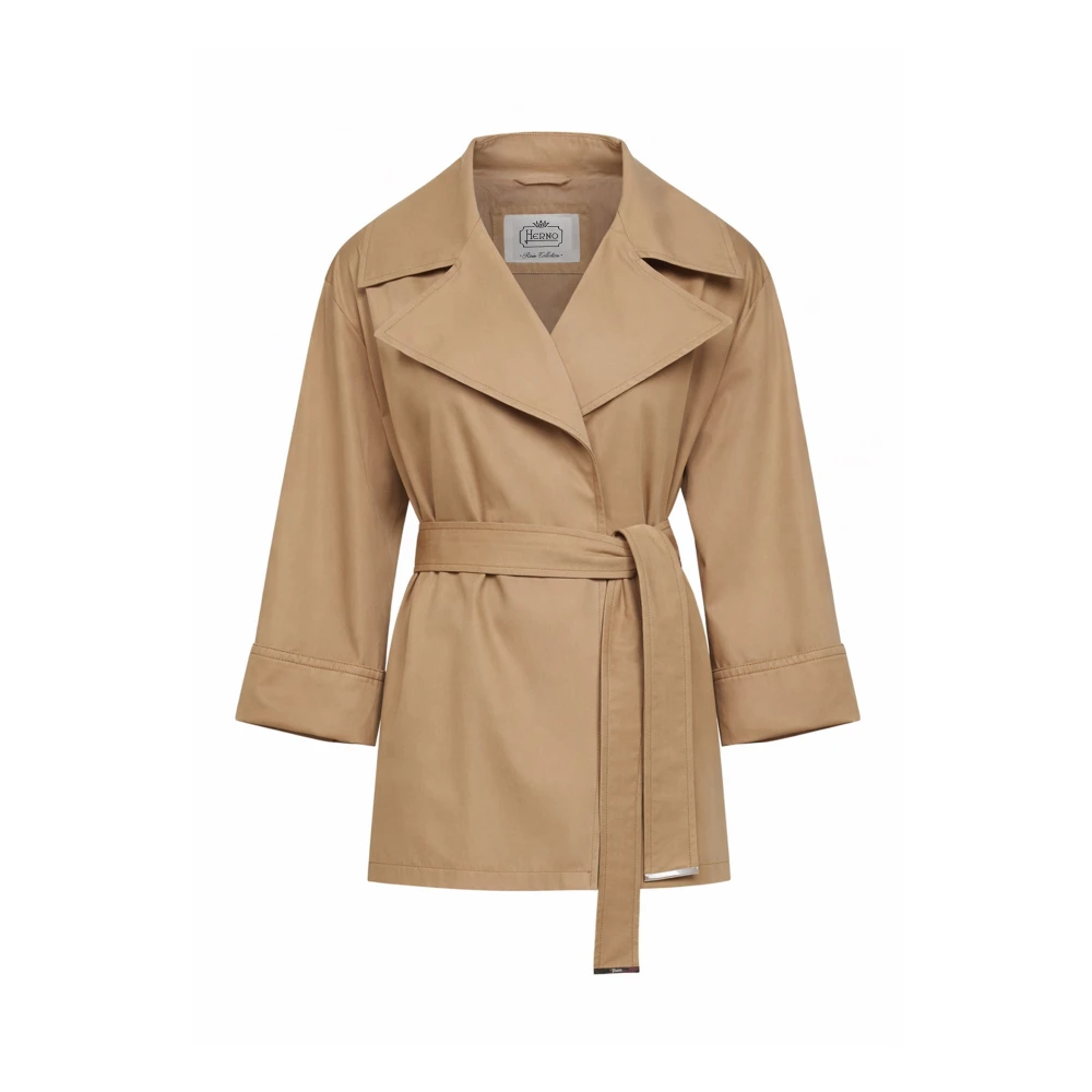 Herno Vrouw Bruin Jassen Dames, M, Katoen, Katoenen Gabardine Regenjas Met Ceintuur